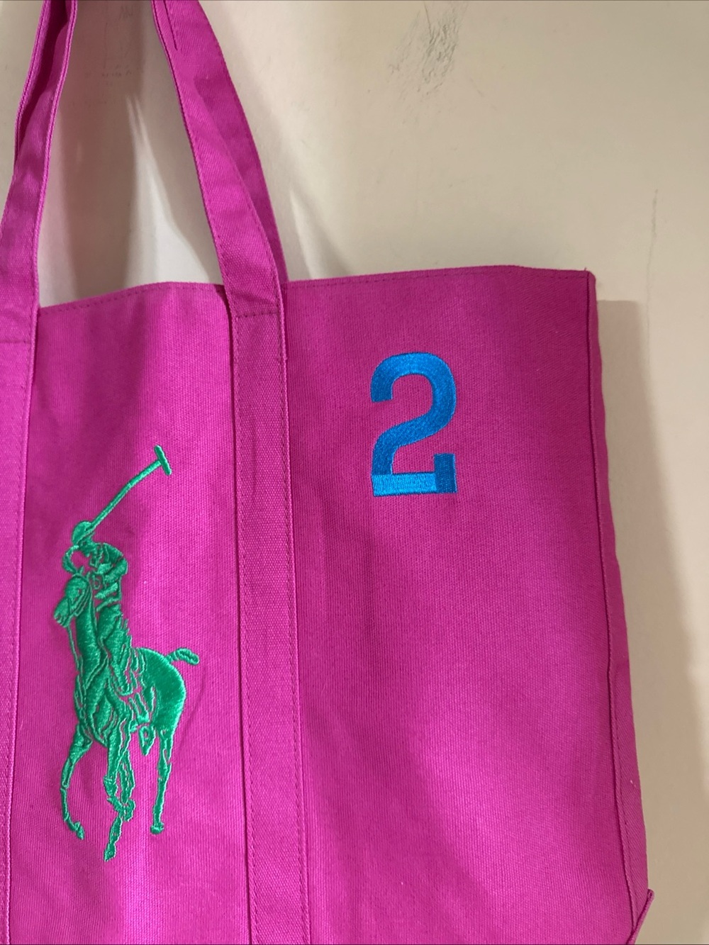 Ralph Lauren Fuchsia Canvas Tote with Green Polo Motif and Blue '2'NEW - Picture 8 of 16